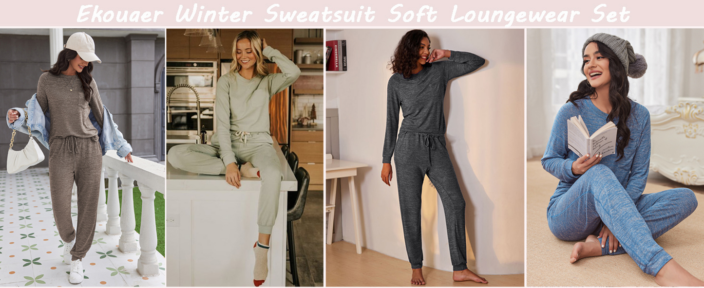 Ekouaer Womens Pajamas Set Long Sleeve Loungewear Soft Lounge Set Joggers with Pockets