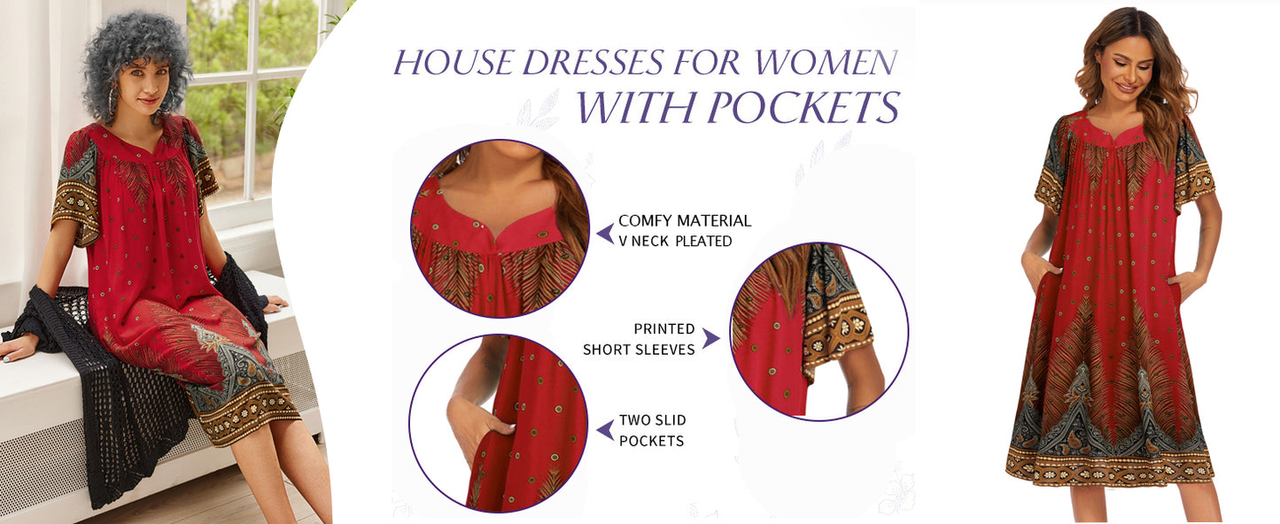 Ekouaer Womens Nightgown Short Sleeve House Dress with Pockets-Floral Print Mumu Dress