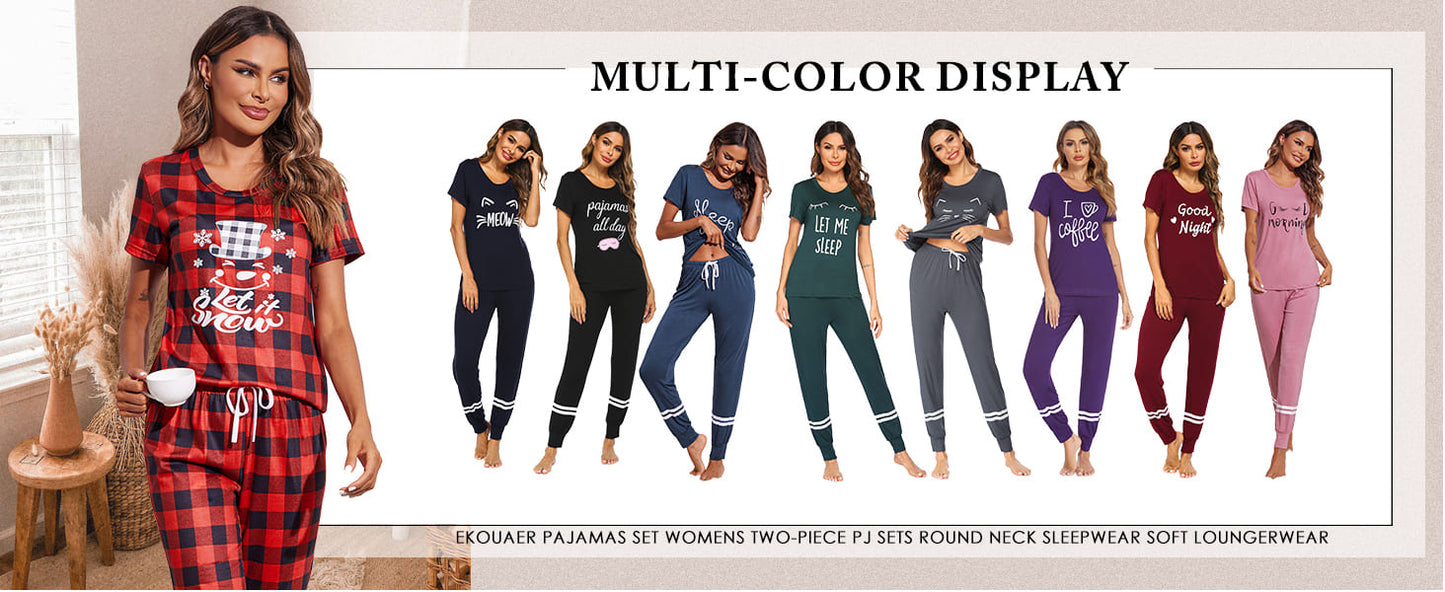 Ekouaer Womens Pajamas Set 2 Piece Lounge Pj Set Short Sleeve Sleepwear Tops with Joggers Pants Loungewear Print Nightwear