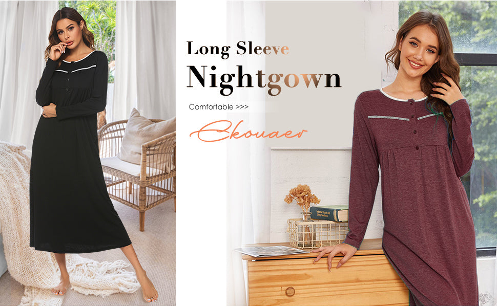 Ekouaer Women Long Sleeve Nightgowns Soft Henley Sleepshirts Full Length Sleep Dress