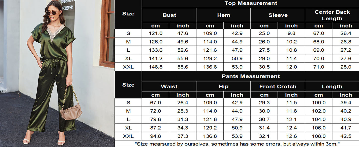 Ekouaer Silk Pajamas Set Womens Lace V Neck Loungewear Short Sleeve Satin Shirt with Long Pant Silky Pjs