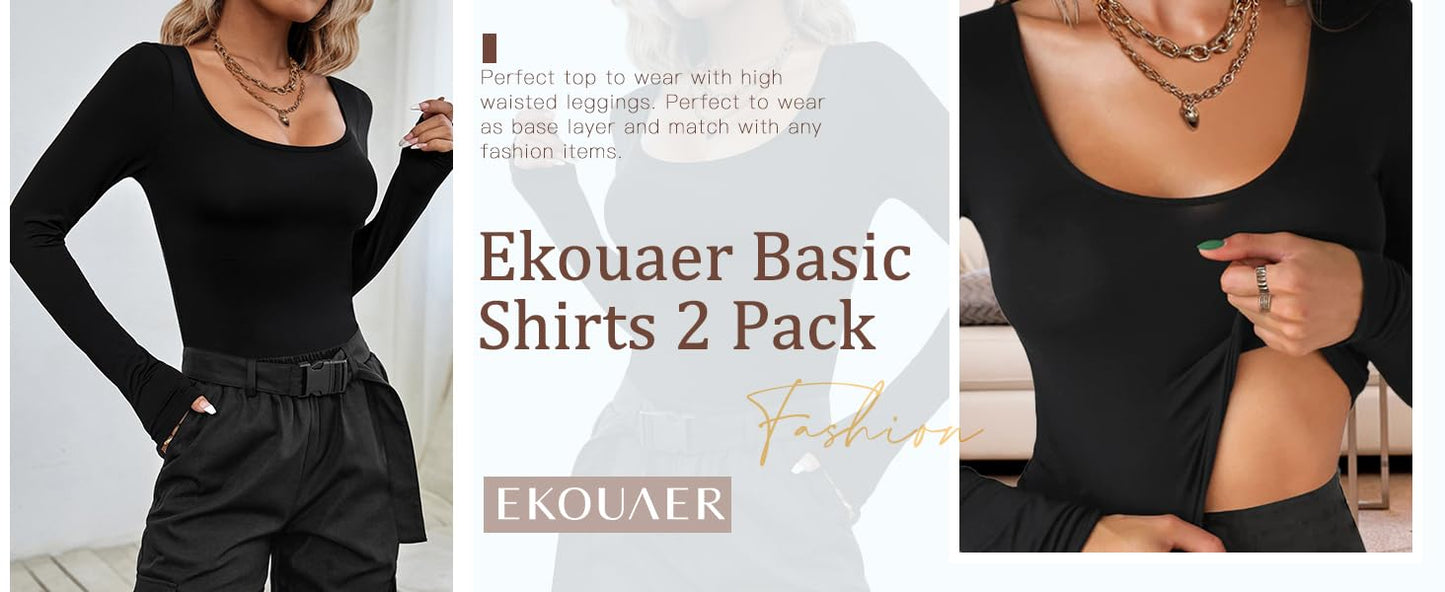 Ekouaer 2 Pack Long Sleeve Shirts for Womens Scoop Neck Tops Slim Fit Undershirts Basic Thermal Tee Shirt