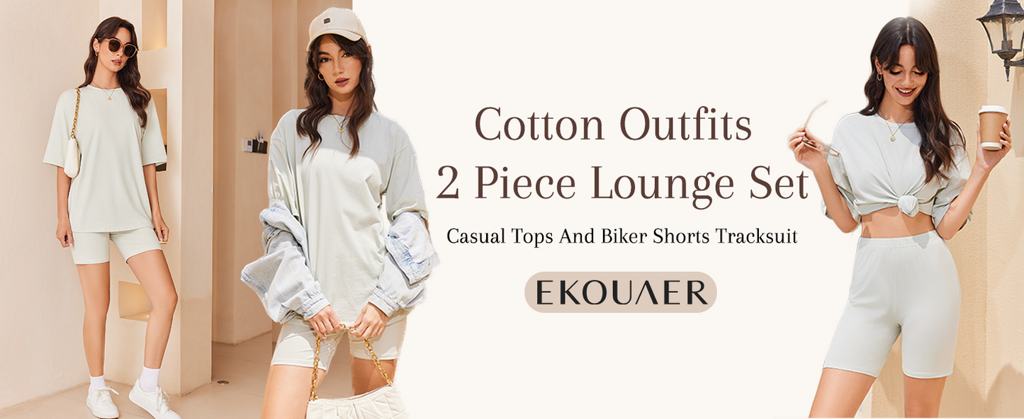 Ekouaer Women Cotton Lounge Sets Summer Outfits T-Shirt Top and Biker Short Set 2 Piece Matching Tracksuit