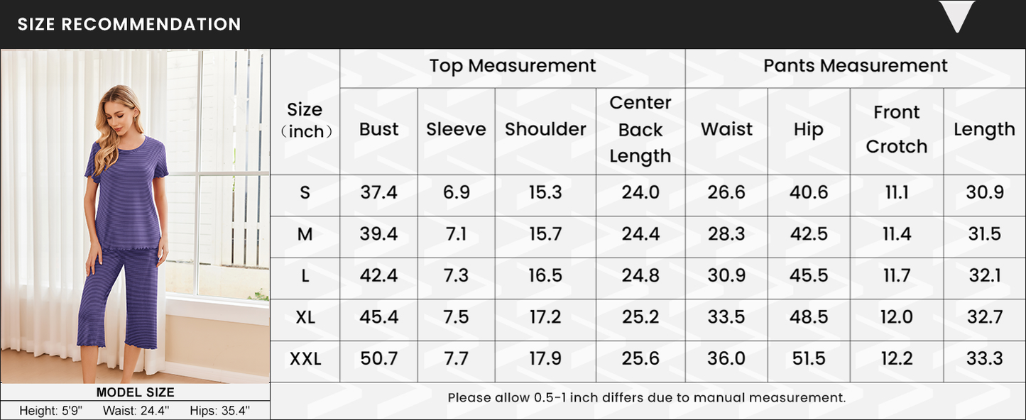 Ekouaer 2 Pack: Women's Pajamas Set Short Sleeve Sleepwear Capri Pants Pjs Soft Loungewear with Pockets