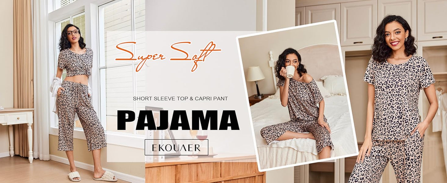 Ekouaer 2 Pack: Women's Pajamas Set Short Sleeve Sleepwear Capri Pants Pjs Soft Loungewear with Pockets