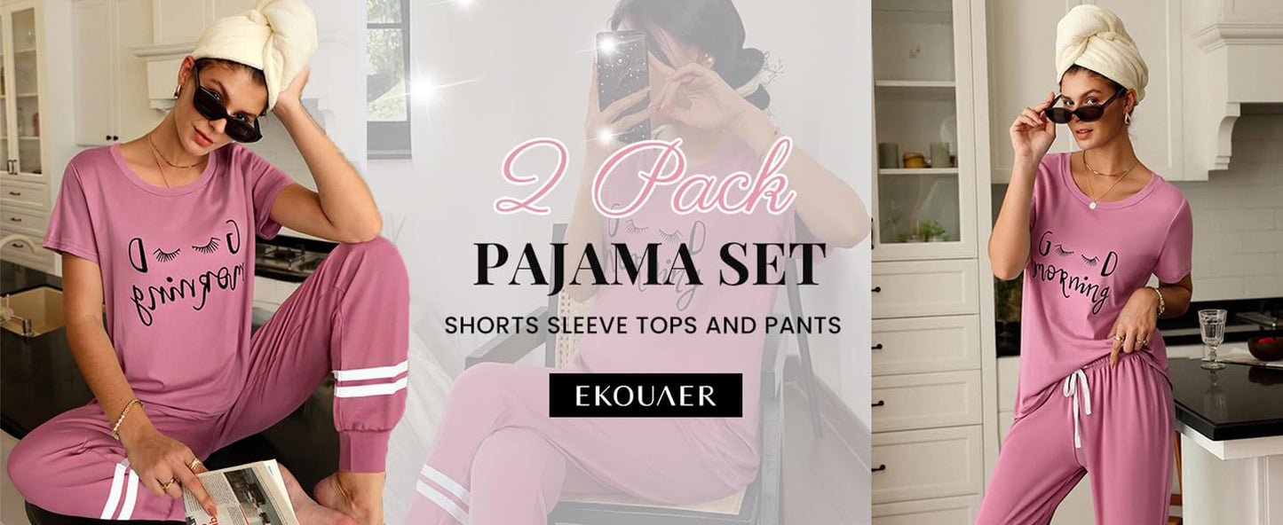Ekouaer Womens Pajamas Set 2 Piece Lounge Pj Set Short Sleeve Sleepwear Tops with Joggers Pants Loungewear Print Nightwear