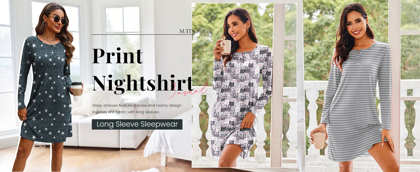 Ekouaer Women's 2 Pack Sleepshirt Dress Comfortable Nightshirt Nightgown Long Sleeve Button Down Sleepwear