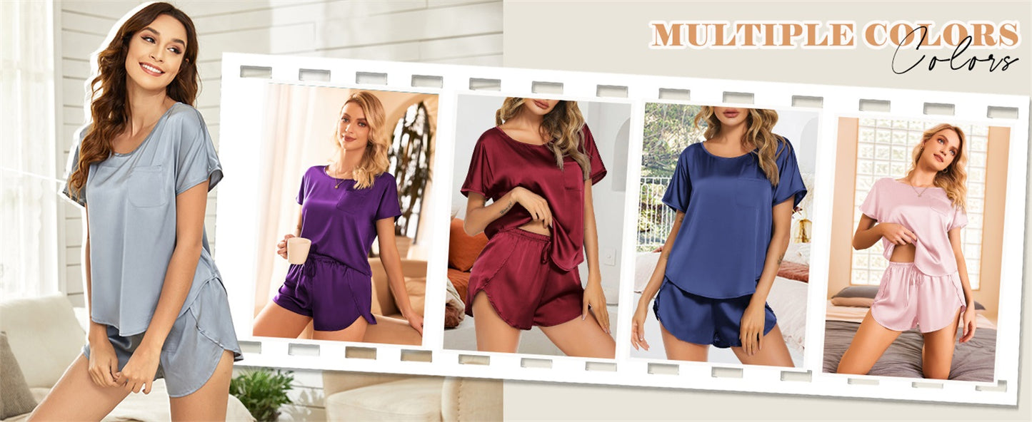 Ekouaer Women Satin Pajama Set Short Sleeve Lightweight Silk Pajama Set 2 Piece Lounge Sets with Shorts