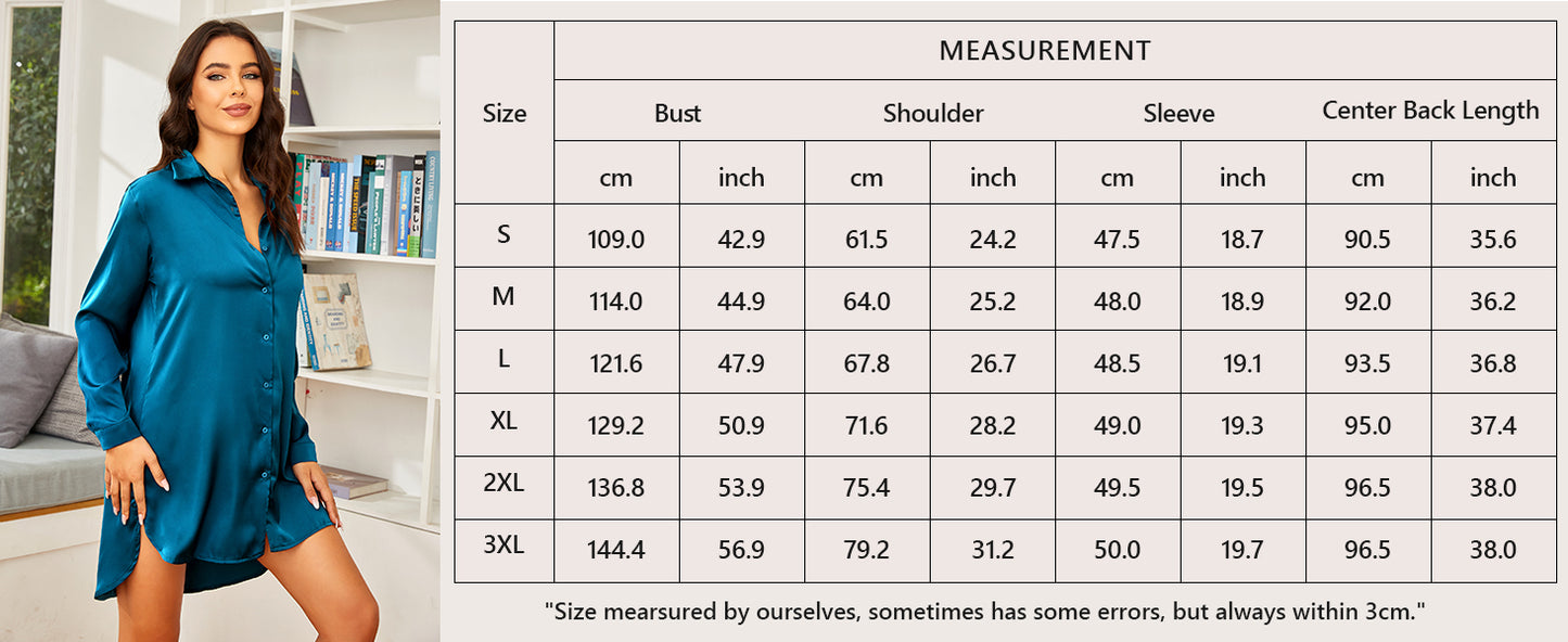 Ekouaer Satin Nightgown for Women Button Down Silk Sleepshirts V Neck Night Gown Long Sleeve Night Shirts