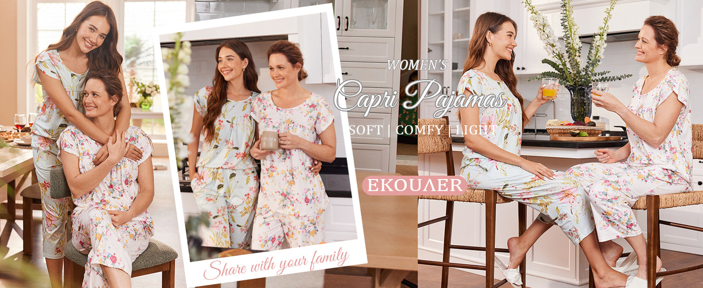 Ekouaer Womens Pajama Set Short Sleeve Sleepwear Pleated Floral Pjs Set Capri Pants Lounge Sets with Pockets