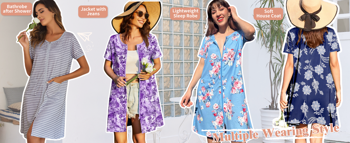 Ekouaer Zip Up Robes for Women Short Sleeves Zipper House Coat Short Bathrobes Lightweight Nightgown with Pockets Black S