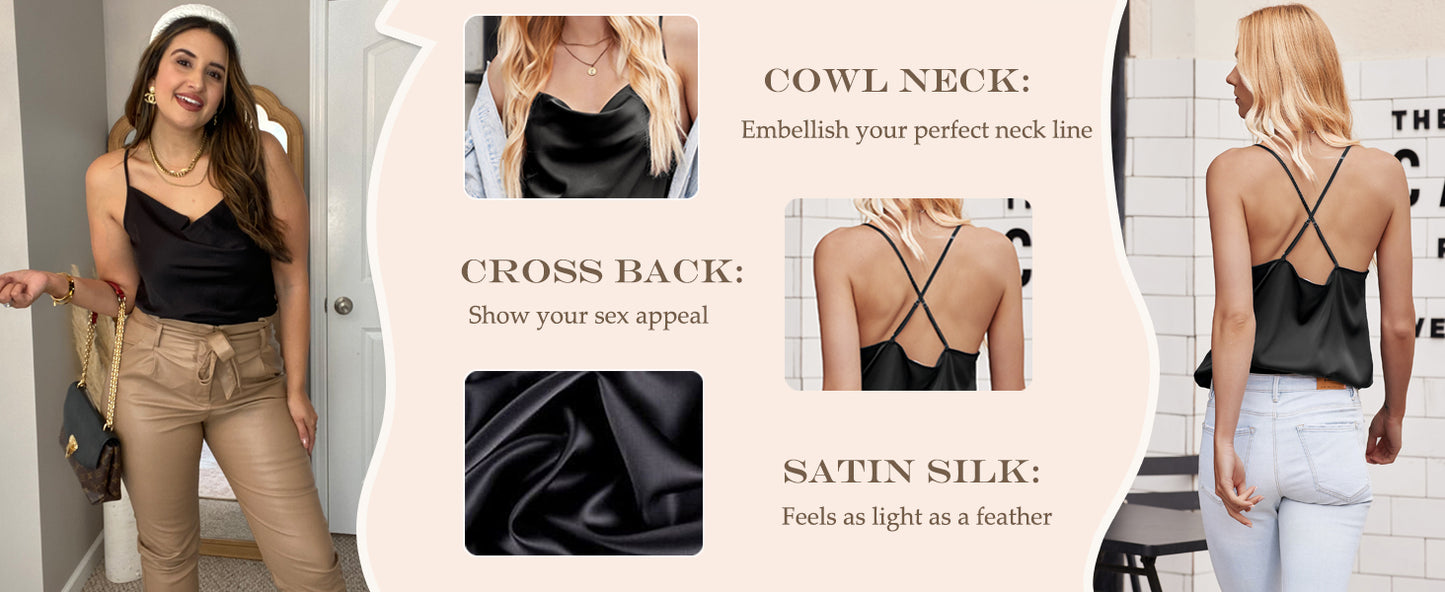 Ekouaer Satin Cowl Neck Tank Top Women Camisole Silky Loose Sleeveless Basic Blouse Ladies Satin Tank Shirt