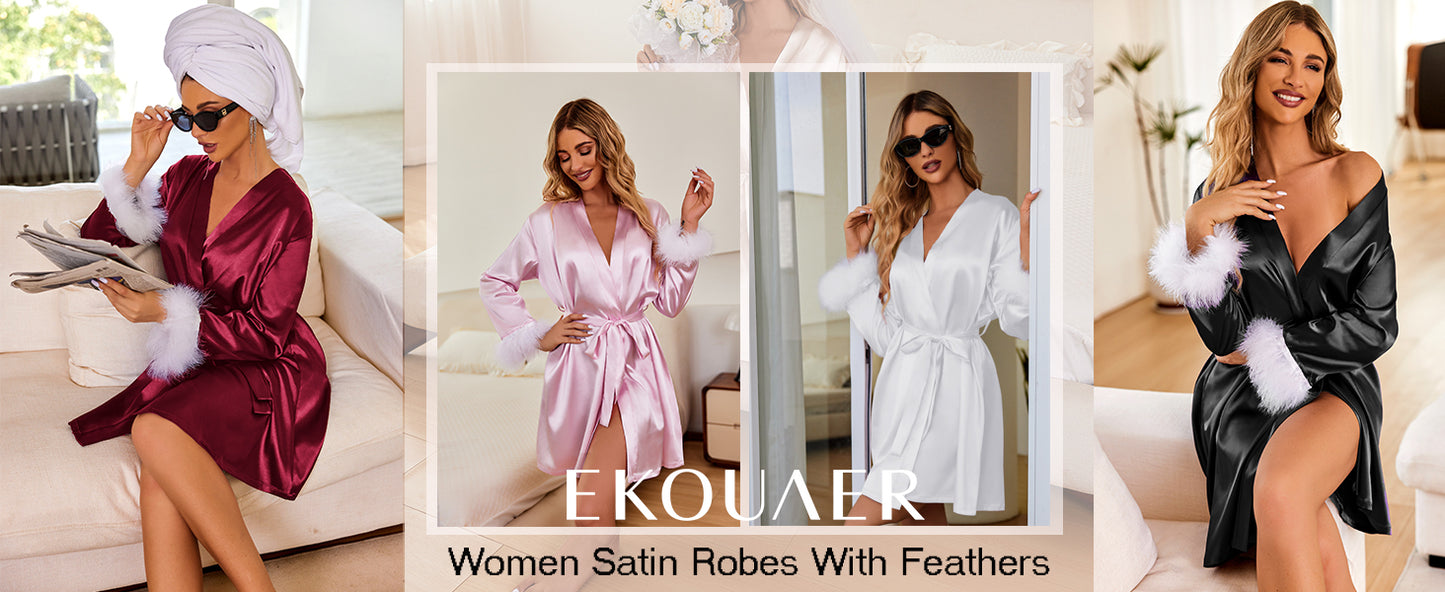 Ekouaer Women's Satin Robe Short Bridesmaid Bride Feather Bridal Robe Silky Long Sleeve Bathrobe