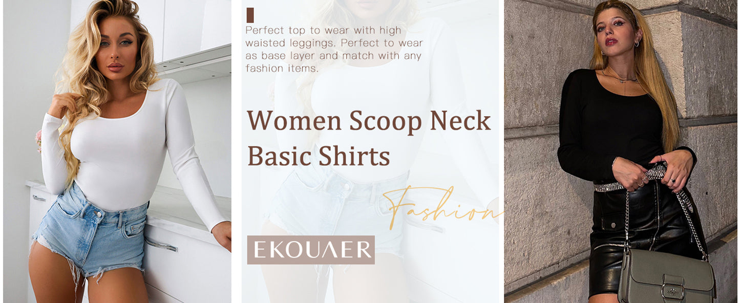 Ekouaer Women Long Sleeve Shirt Scoop Neck Tops Slim Fit Basic Top Thermal Undershirts Base Layer Tee