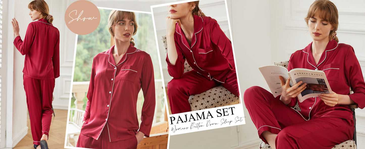 Ekouaer Couples Matching Pajamas Silk Long Sleeve Sleepwear Satin Soft Button Down Loungewear Pjs Set