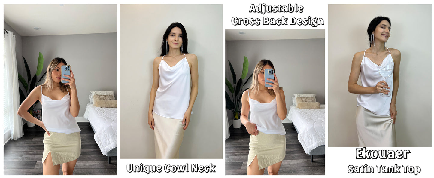 Ekouaer Satin Cowl Neck Tank Top Women Camisole Silky Loose Sleeveless Basic Blouse Ladies Satin Tank Shirt