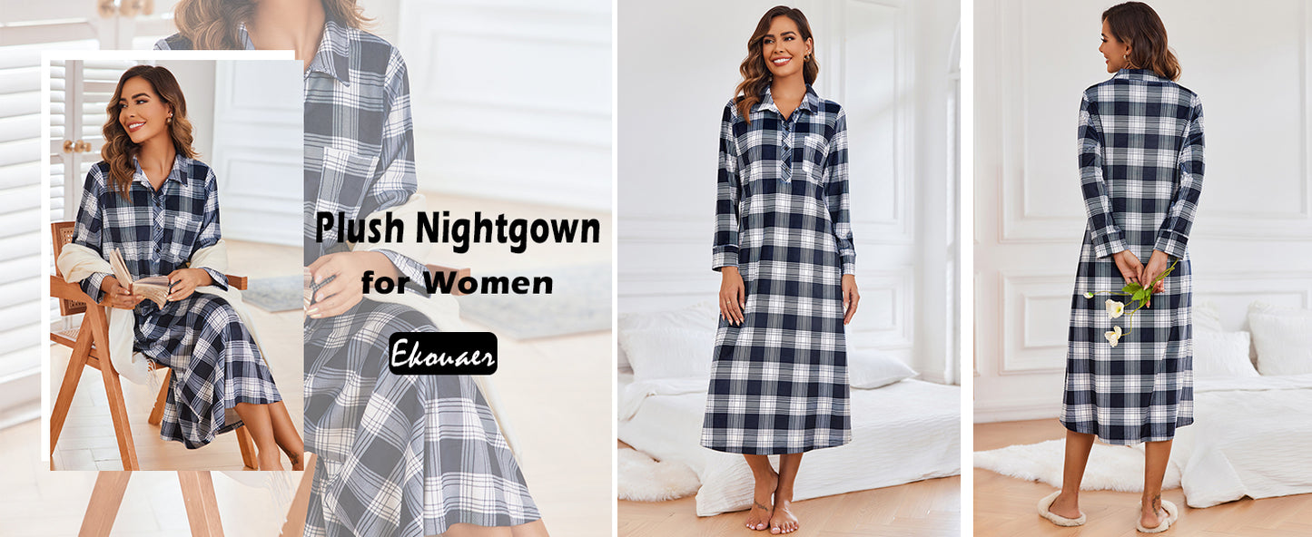 Ekouaer Women Flannel Nightgown Full Length Boyfriend Nightshirt Plaid Long Sleep Dress with Button Loungewear