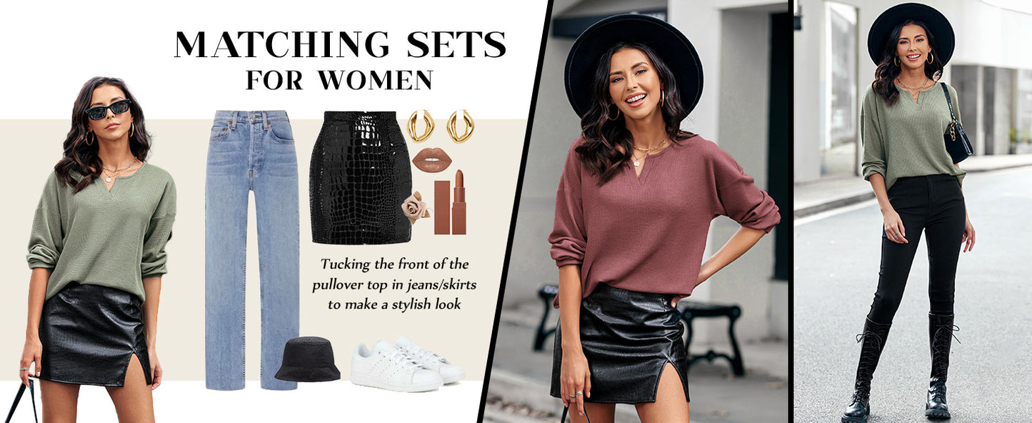 Ekouaer Pajama Set for Women Waffle Knit Lounge Sets Long Sleeve Top and Shorts Sleepwear Matching Loungewear