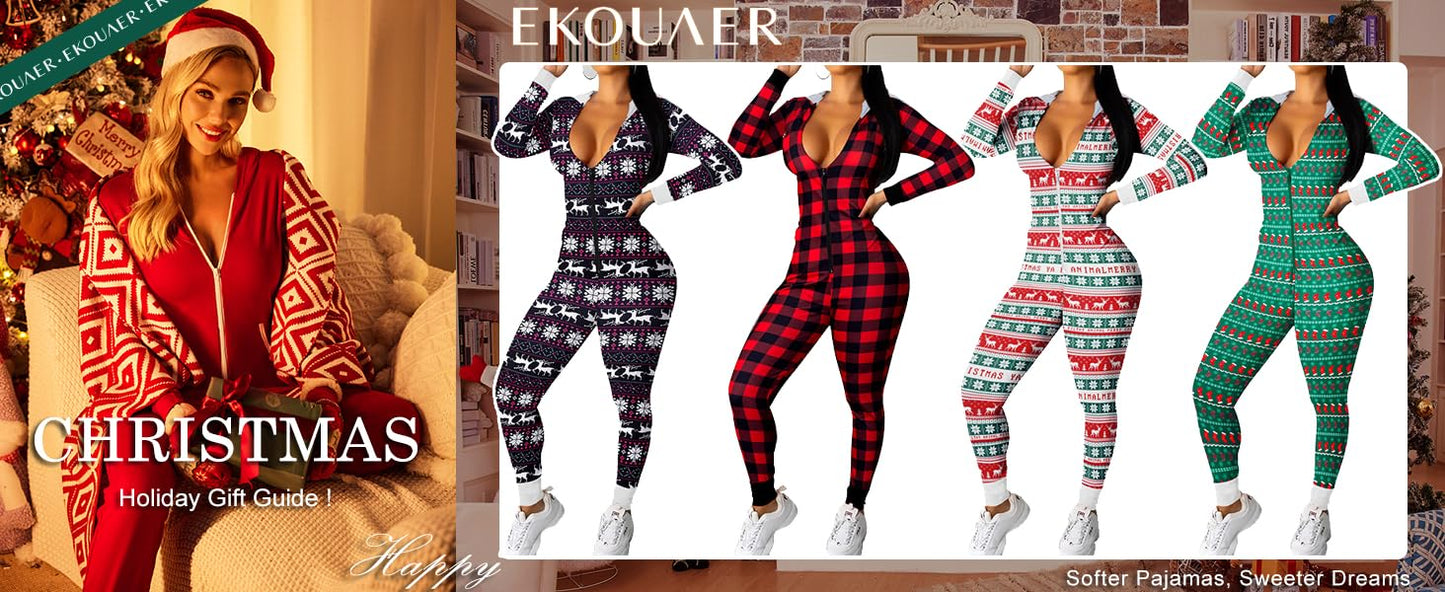 Ekouaer Christmas Onesie Women Sexy Pajamas Zipper Halloween Onepiece Bodycon Outfit Jumpsuit Costume