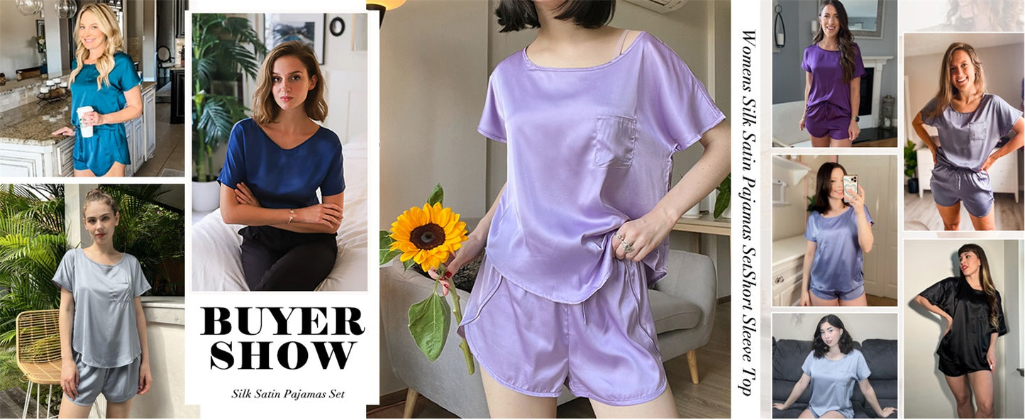 Ekouaer Women Satin Pajama Set Short Sleeve Lightweight Silk Pajama Set 2 Piece Lounge Sets with Shorts