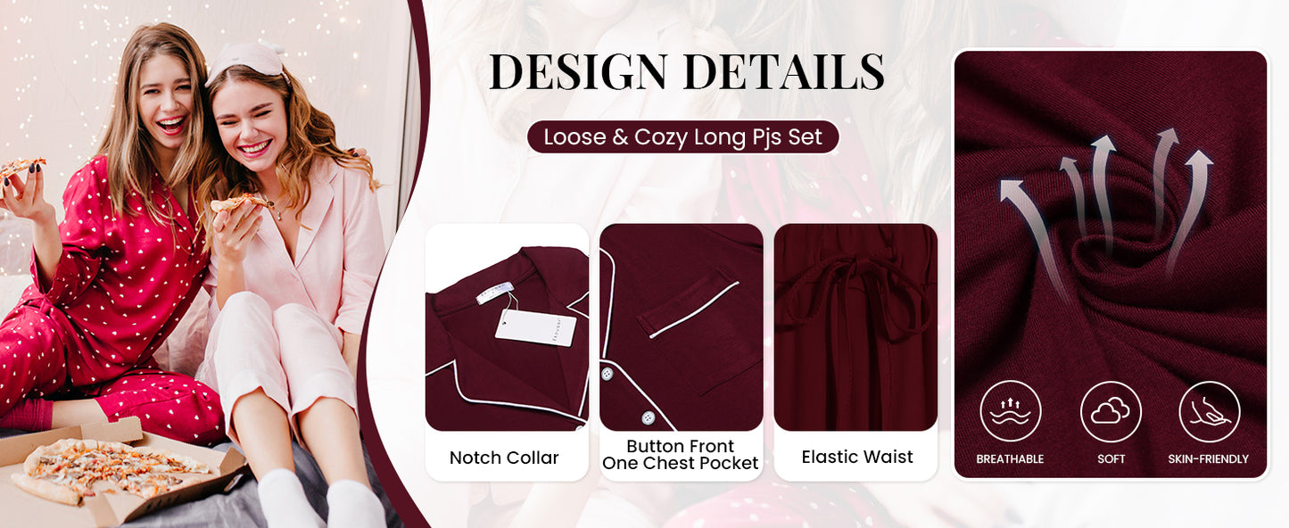 Ekouaer Pajamas Women's Long Sleeve Sleepwear Soft Button Down Loungewear Pjs Lounge Set Nightwear