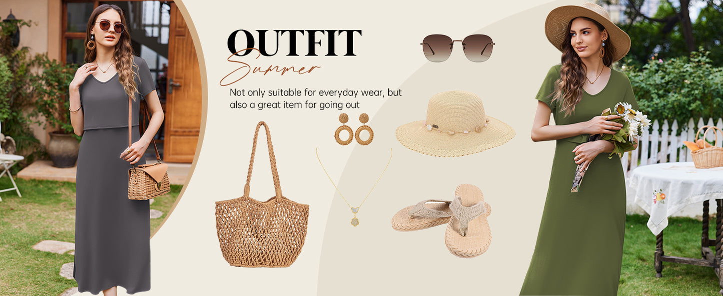 Ekouaer Women's Nursing Dress Summer V Neck Short Sleeve Maternity Split Long Dresses for Breastfeeding with Pockets