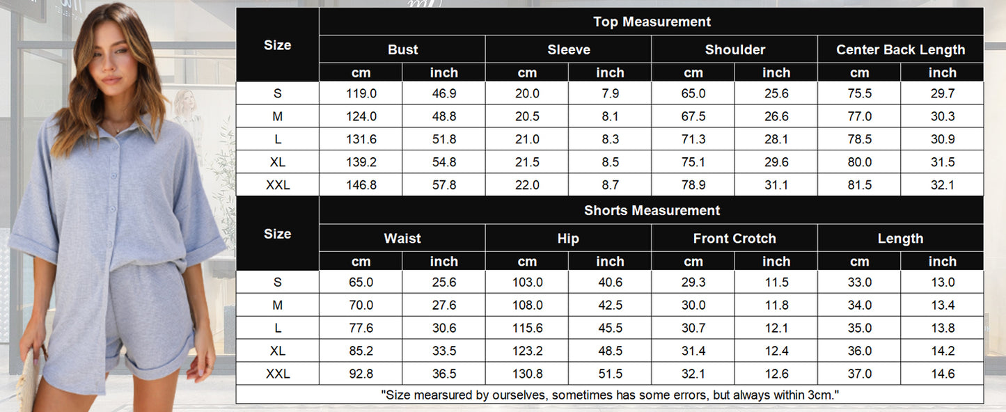 Ekouaer Waffle Knit Lounge Sets for Women Short Sleeve Pajamas Button Down Pjs Oversized Loungewear Shorts Set