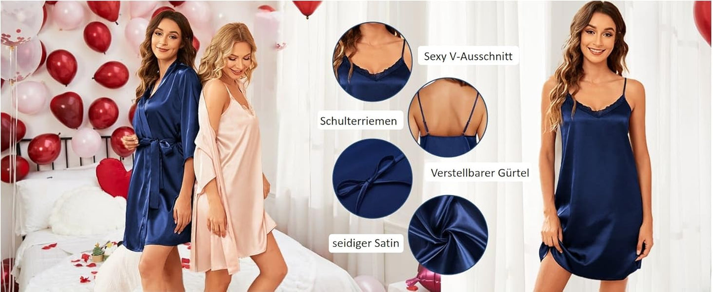 Ekouaer Women's Satin Robe Set Lace Lingerie Robe Wedding Nightgown 2pcs Cami Bride Party Silk Pajamas Set
