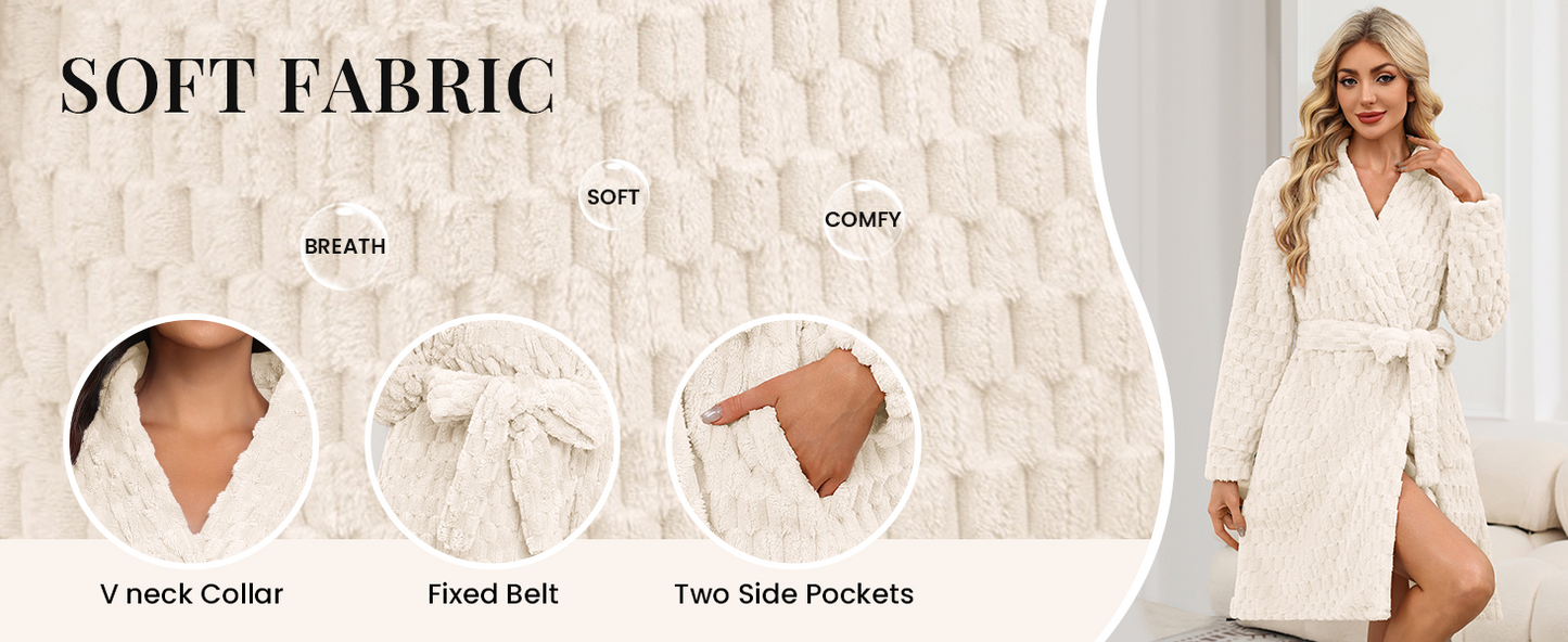 Ekouaer Women Fleece Bathrobe Plush Short Robe Long Sleeve Robe Attached Belt Soft Sleepwear Ladies Loungewear