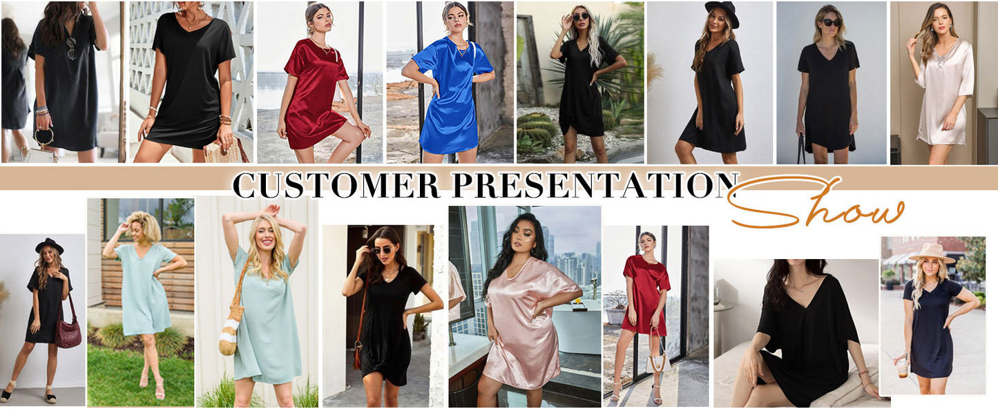 Ekouaer Women's Satin Nightgowns V Neck Side Split Sleepshirt Short Sleeves Sleepwear Chest Pocket Nightshirt