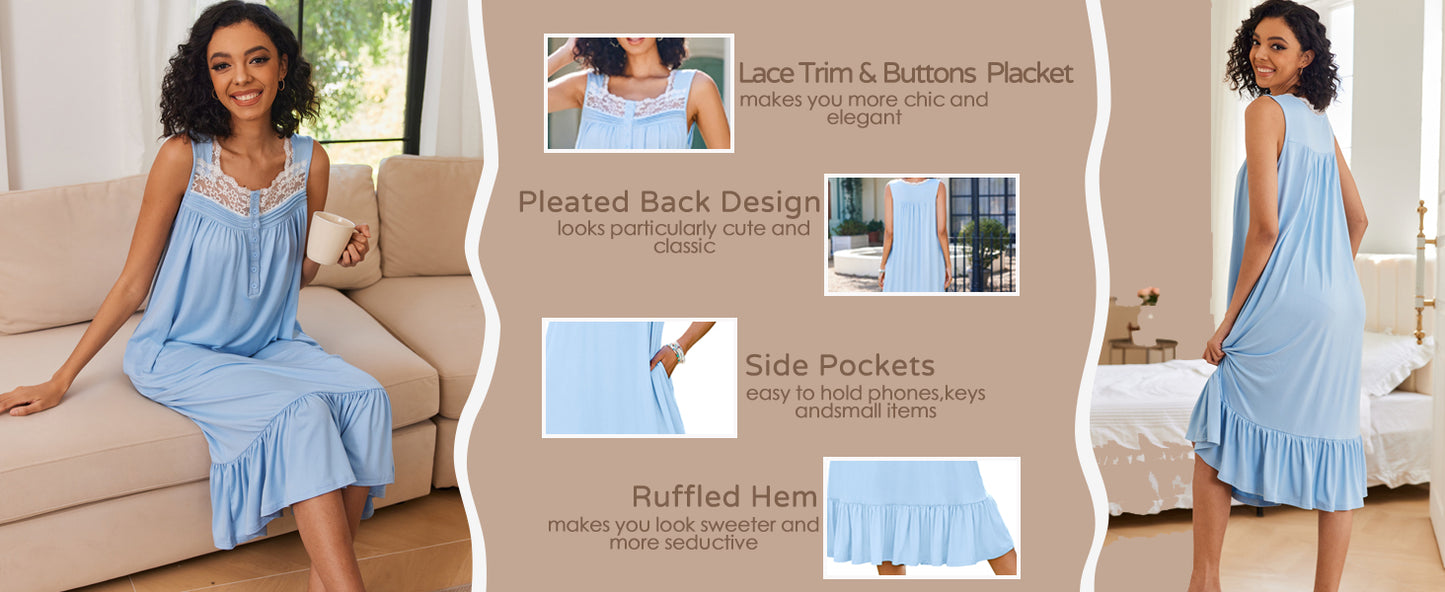 Ekouaer Nightgowns for Women Sleeveless Night Gown Victorian Sleep Shirt with Pockets Ladies Pajamas Lace Trim Sleepwear