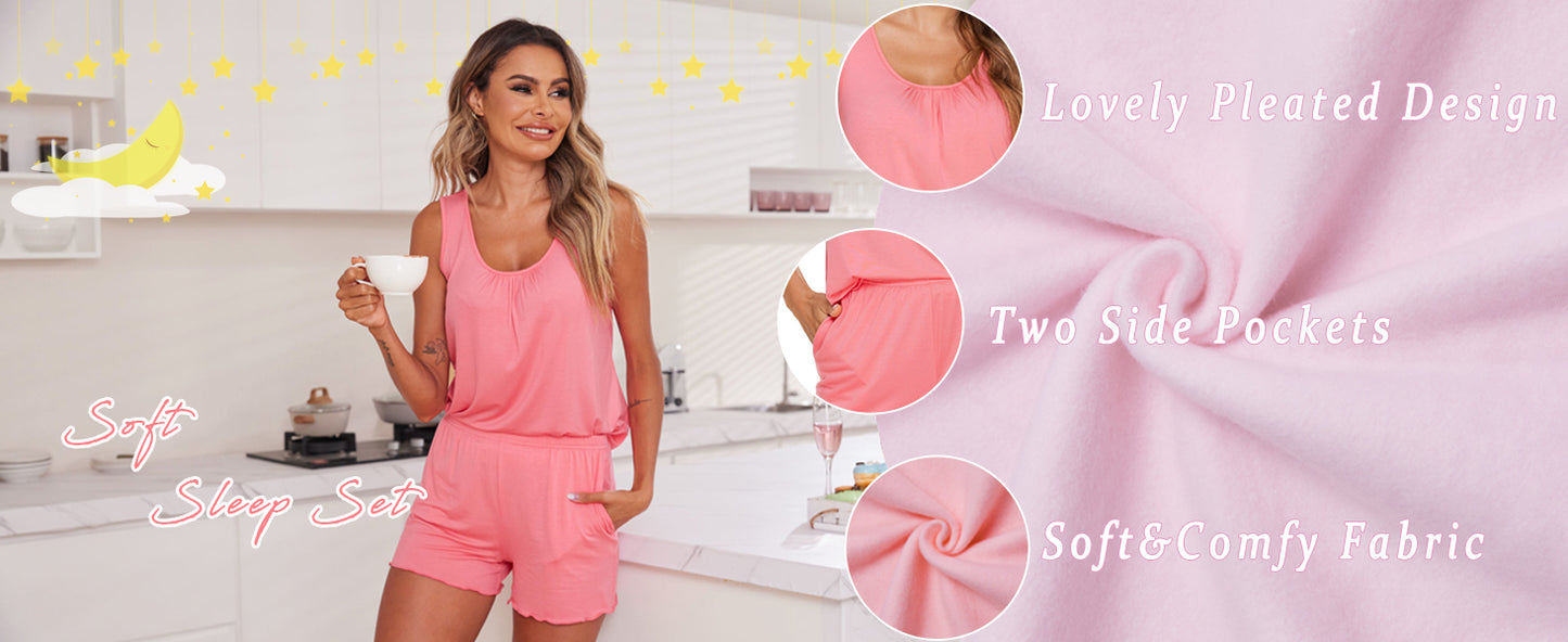 Ekouaer Womens Pajama Sets Viscose from Bamboo Tank Top and Shorts Pj Set 2 Piece Soft Sleeveless Lounge Set