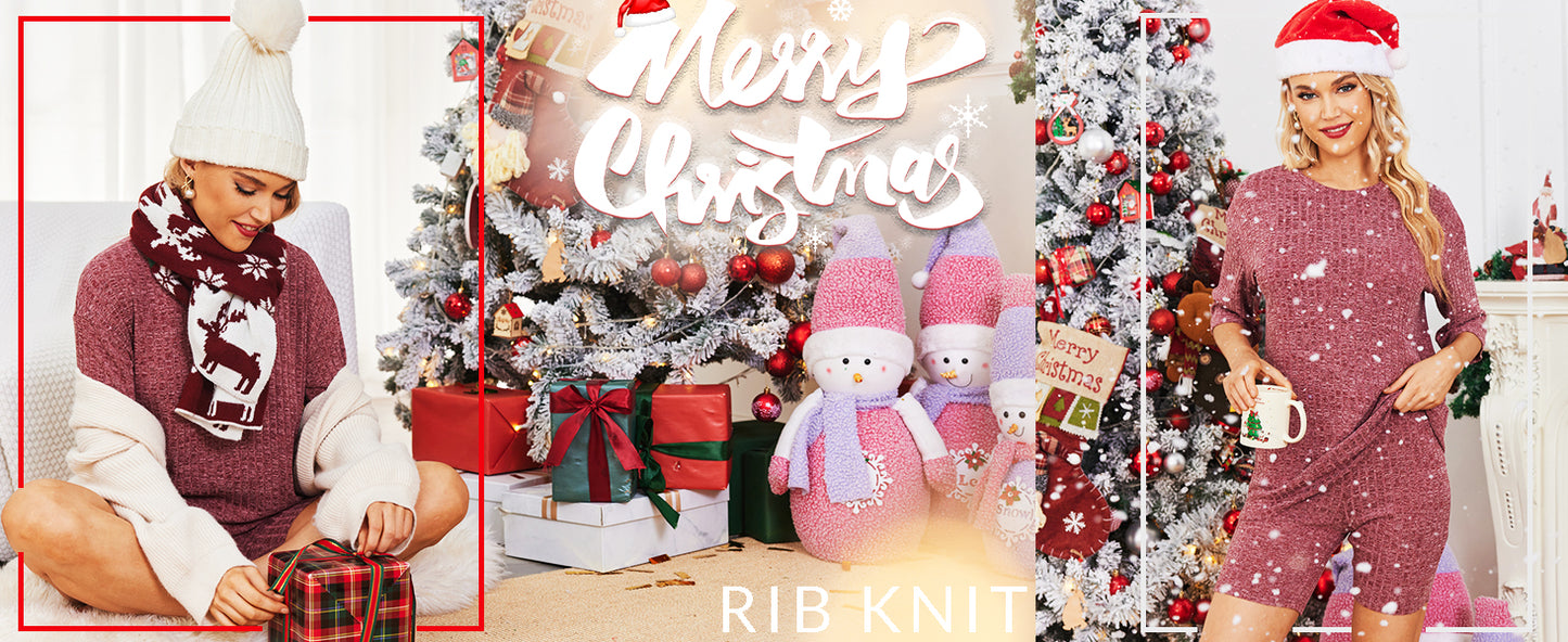 Ekouaer Pajamas 2 Piece Lounge Sets Ribbed Knit Matching Outfits T-shirt Biker Shorts Sleepwear Loungewear Sweatsuits