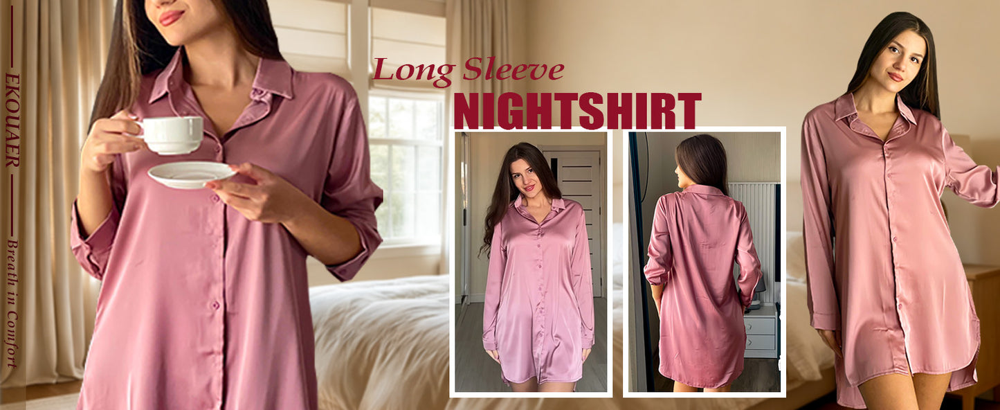 Ekouaer Satin Nightgown for Women Button Down Silk Sleepshirts V Neck Night Gown Long Sleeve Night Shirts