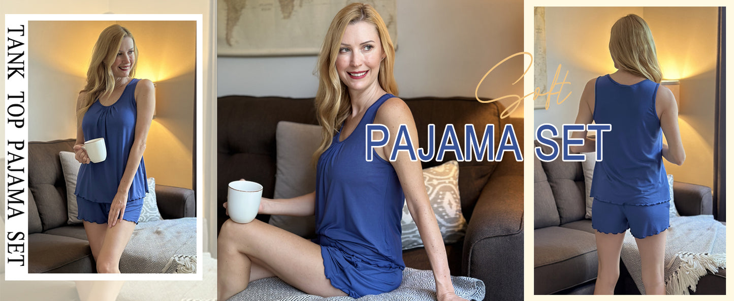 Ekouaer Womens Pajama Sets Viscose from Bamboo Tank Top and Shorts Pj Set 2 Piece Soft Sleeveless Lounge Set