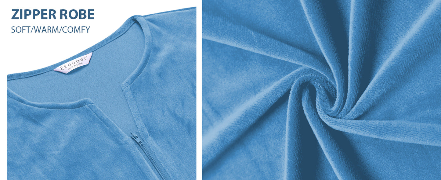 Ekouaer Robe for Women Velour Zipper Robe 3/4 Sleeves Housecoat Full Length Loungewear Long Bathrobe with Pockets