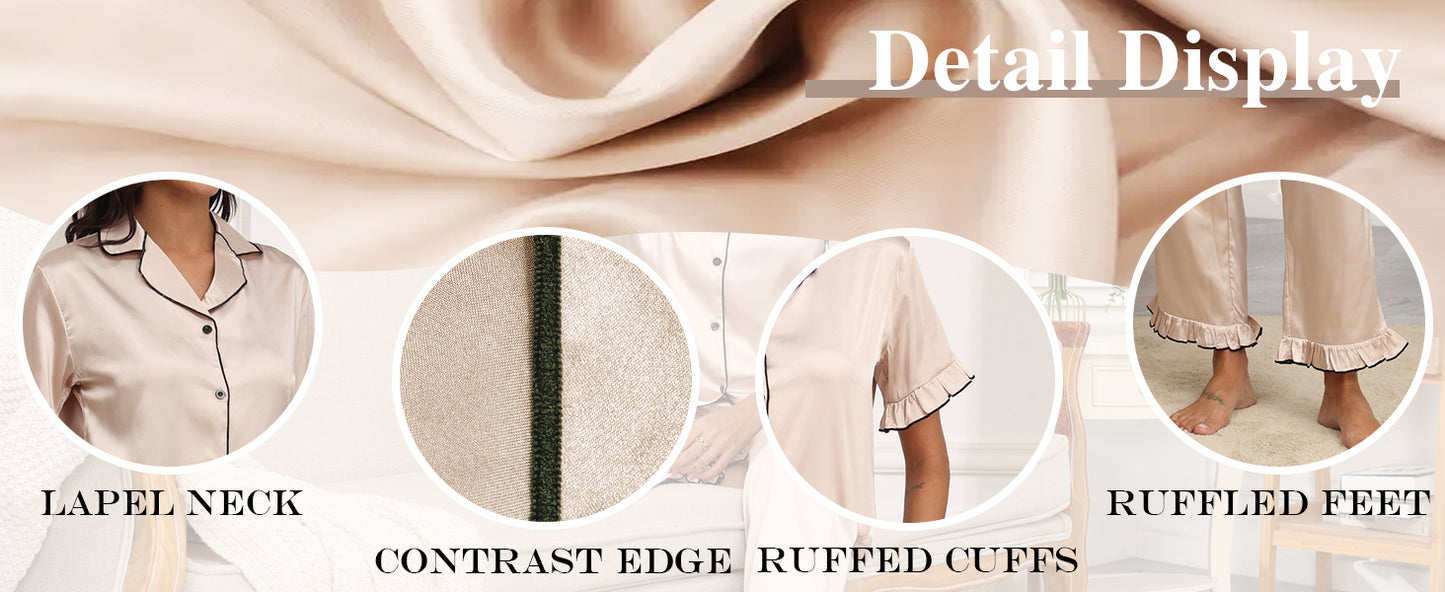 Ekouaer Silk Pajamas for Women Satin Short Sleeve Pajamas Set with Ruffle 2 Pieces Button Down Tops and Pants Rose Red M