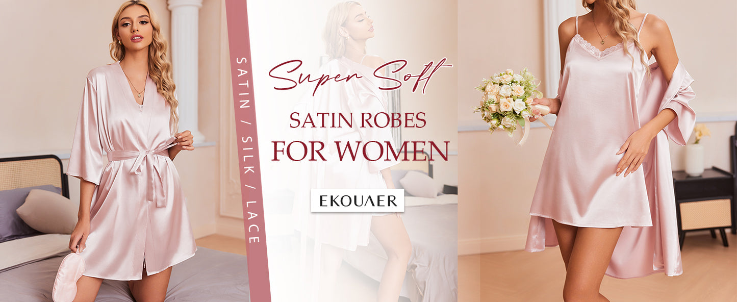 Ekouaer Women's Satin Robe Set Lace Lingerie Robe Wedding Nightgown 2pcs Cami Bride Party Silk Pajamas Set
