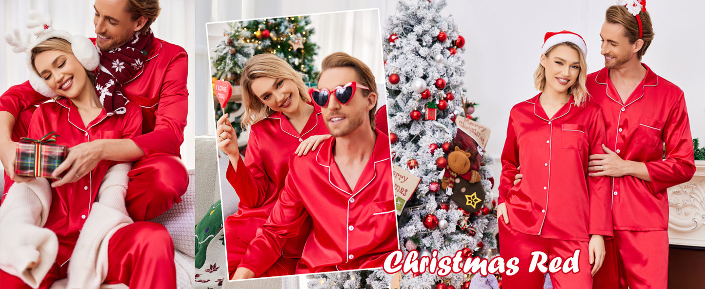Ekouaer Couples Matching Pajamas Silk Long Sleeve Sleepwear Satin Soft Button Down Loungewear Pjs Set