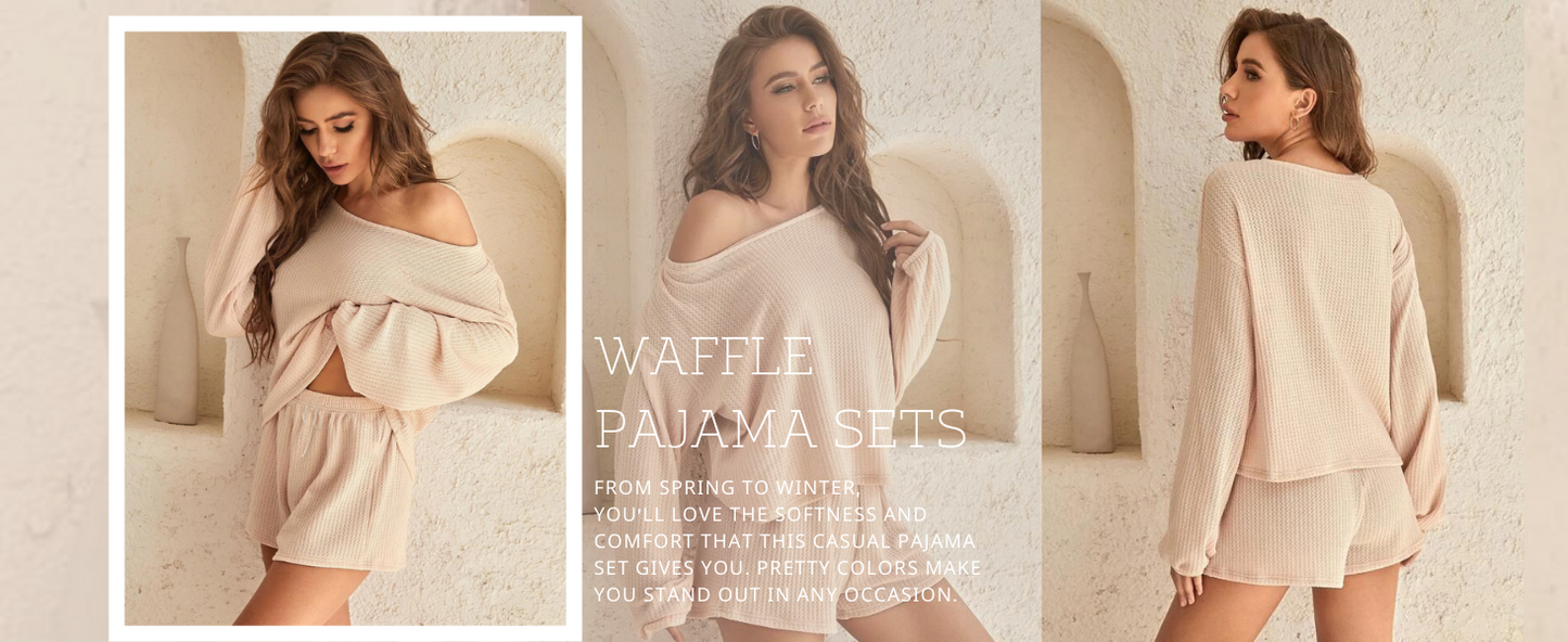 Ekouaer Womens Waffle Knit Pajama Sets Long Sleeve Top and Shorts Matching Lounge Set Loungewear Sweatsuit with Pockets
