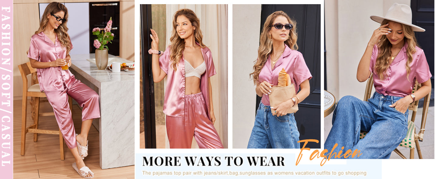 Ekouaer Womens Satin Pajamas Silk Capri Pjs 2 Piece Lounge Sets Short Sleeve Button Down Sleepwear