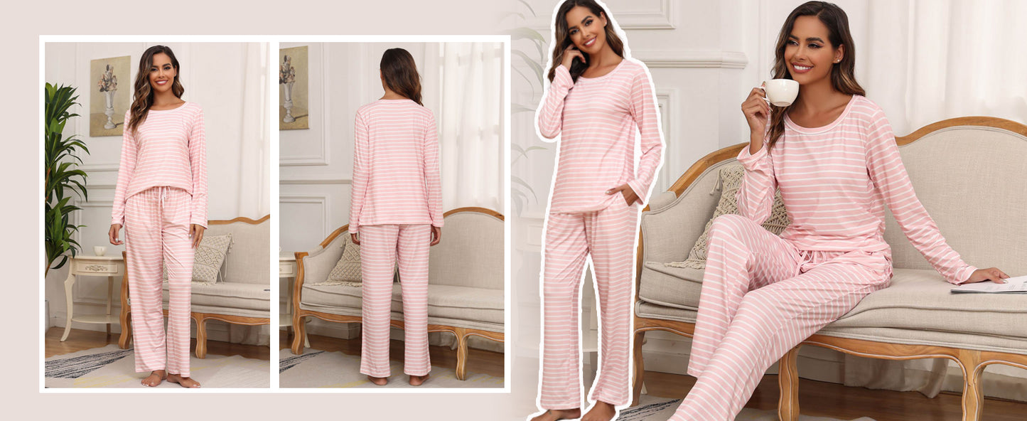 Ekouaer 2 Pack Women's Pajama Set Long Sleeve Top with Jogger Pants Lounge Sets Sleepwear Loungewear with Pockets