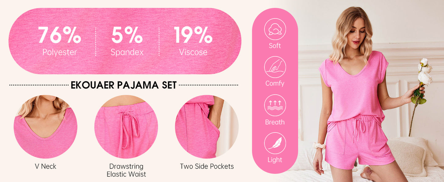 Ekouaer Womens Pajama Sets 2 Piece Lounge Sets Comfy Short Sleeve Tops and Shorts Cute Pjs Outfits Set