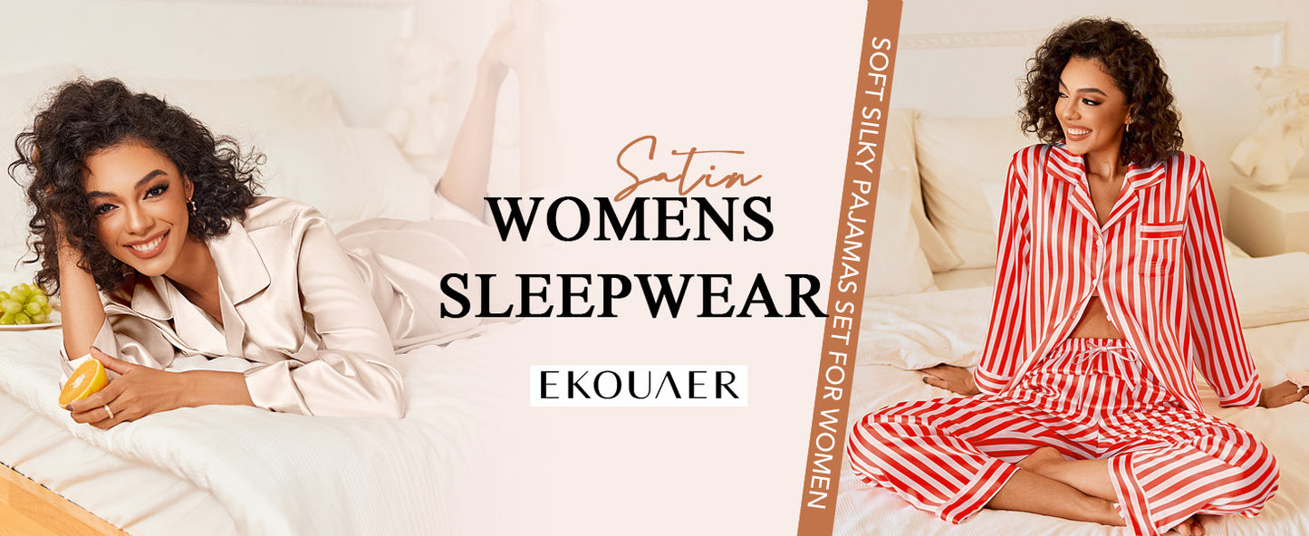 Ekouaer Womens Silk Satin Pajama Sets 2 Piece Sleepwear Pjs Set Long Sleeve Button Down Top and Pants Stripe Loungewear