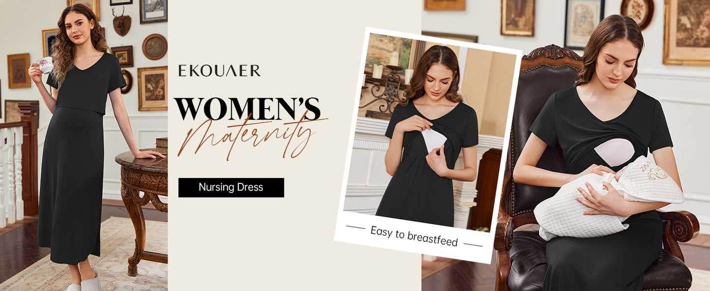 Ekouaer Women's Nursing Dress Summer V Neck Short Sleeve Maternity Split Long Dresses for Breastfeeding with Pockets