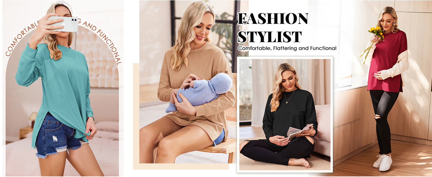 Ekouaer Womens 3 Packs Maternity Shirts Long Sleeve Side Ruched Pregnancy Tee Workout Top Tunic Blouse Mama Clothes