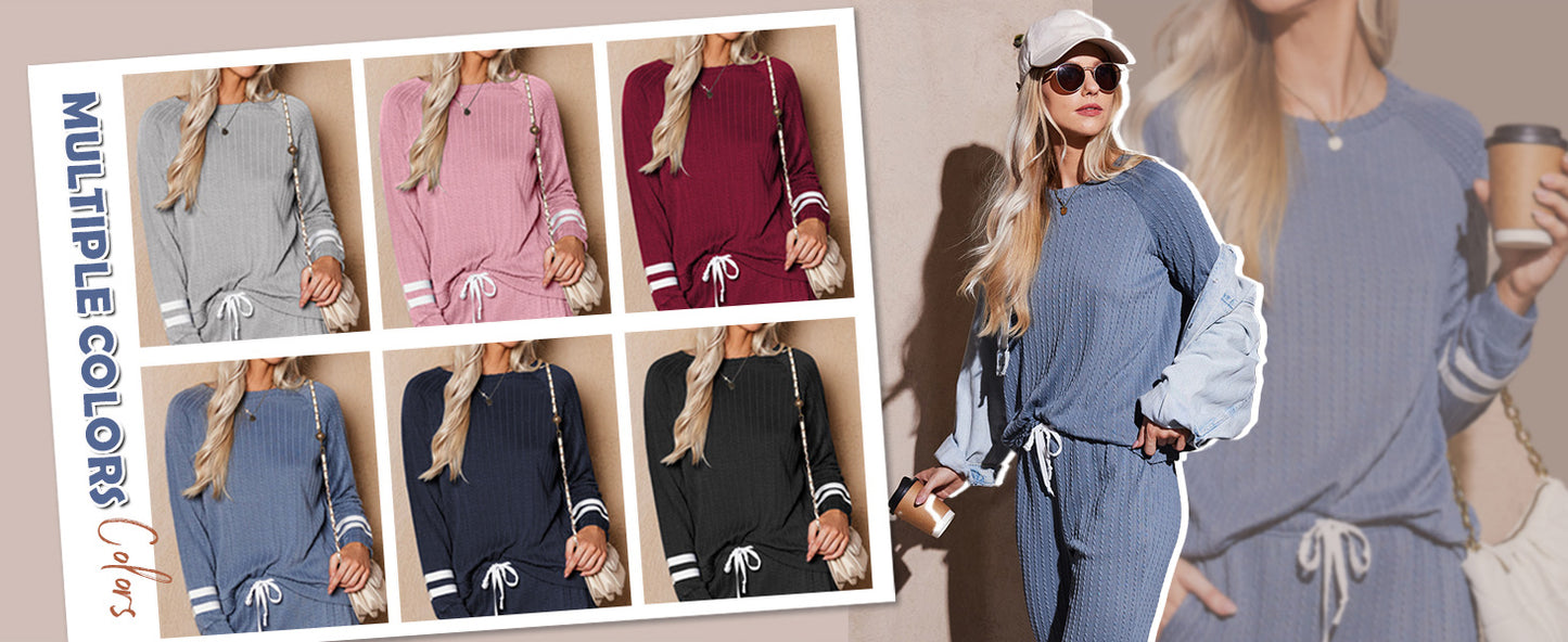 Ekouaer Lounge Sets for Women Ribbed Knit Outfits Pajamas Sets 2 Piece Long Sleeve Sweatsuits with Pockets