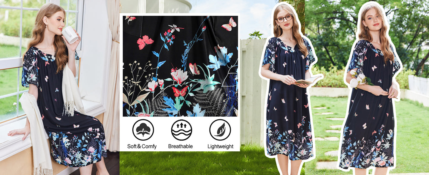 Ekouaer Womens Nightgown Short Sleeve House Dress with Pockets-Floral Print Mumu Dress