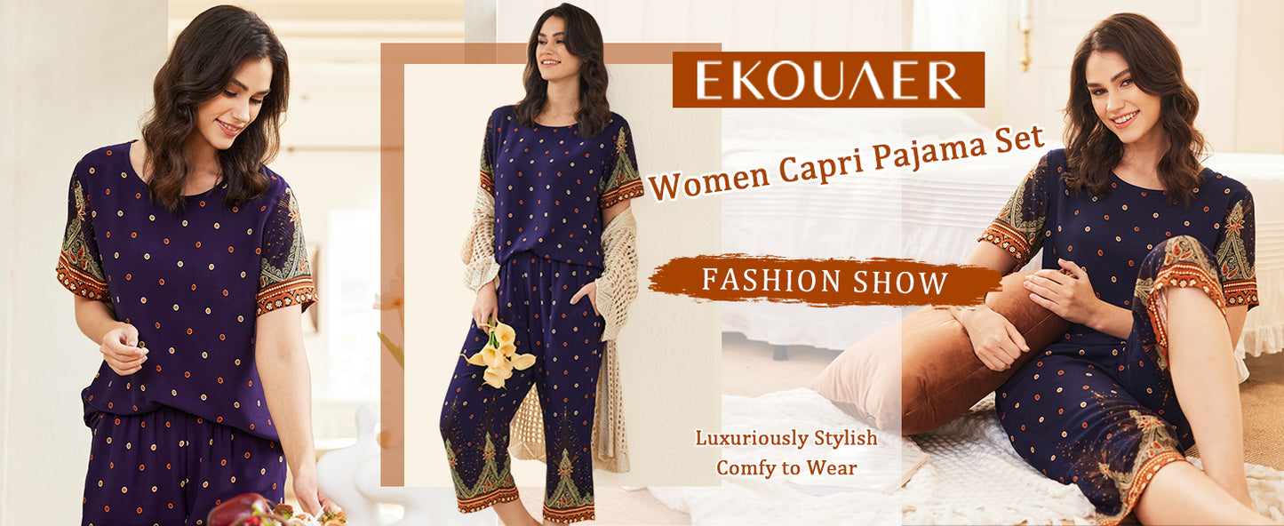 Ekouaer 2 Piece Women's Short Sleeve Capri Lounge Set Soft Mumu Pajama Sets with Pockets Loose Sleepwear Lightweight Homewear