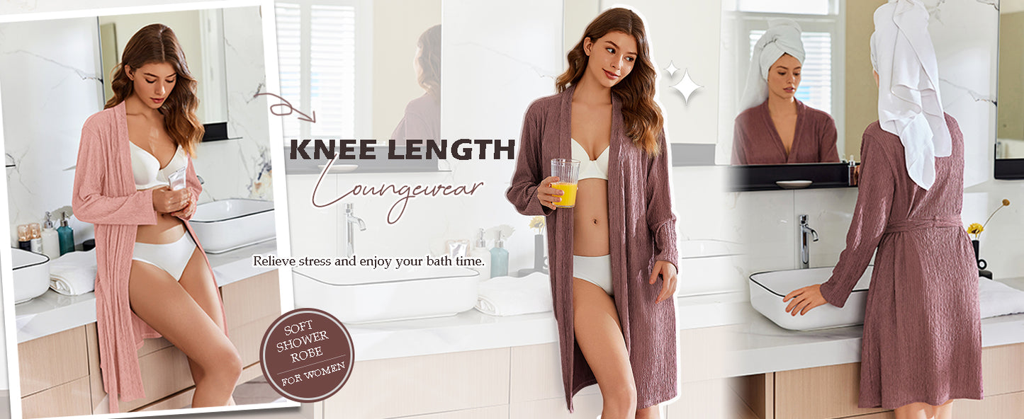 Ekouaer Robes for Women Short Knit Bathrobe Lightweight Robe Knee Length Loungewear